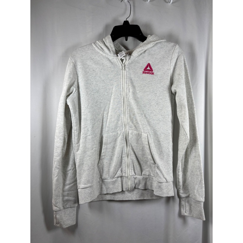 Reebok Womens Heather Grey Full Zip Hoodie Pink Logo Thumbhole Sweatshirt XXL 18